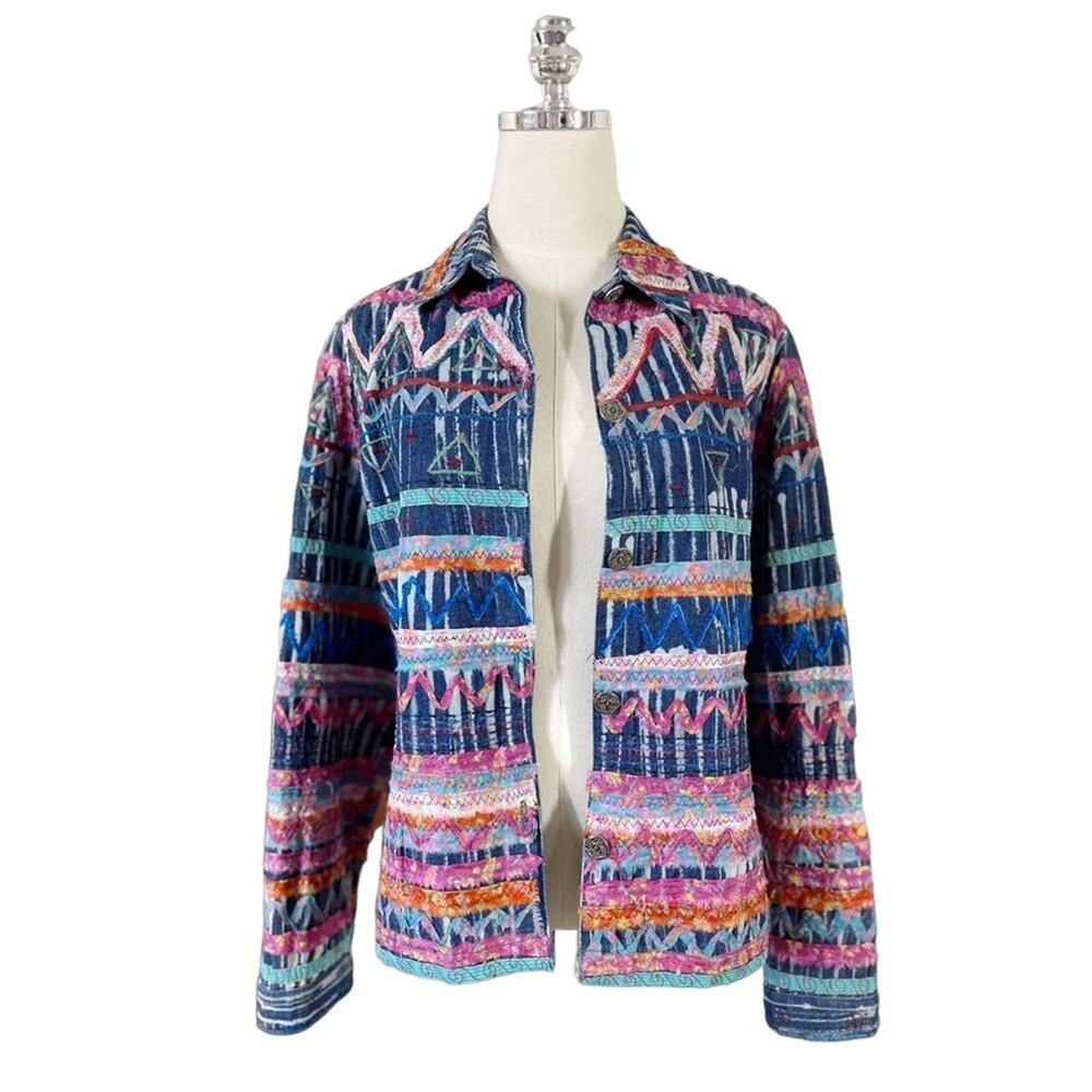 Vintage Chico’s Scrap Art Denim Jacket Multicolor Embroidery Medium (Size 1) - Picture 12 of 12
